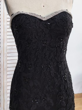 beaded strapless neckline black lace bridal dress
