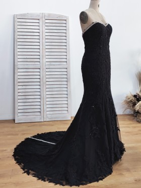 body hugging mermaid silhouette black lace wedding dress