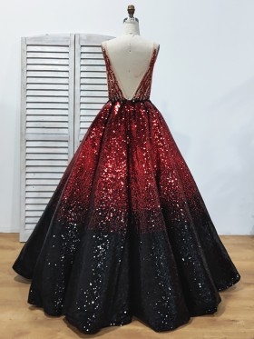 low V back red to black ombre sequin ball gown low V back red to black ombre sequin ball gown