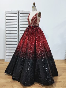 plunging V neckline red to black ombre sequin ball gown