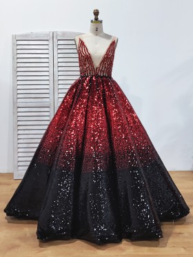 sparkly black to red sequin ombre prom ball gown