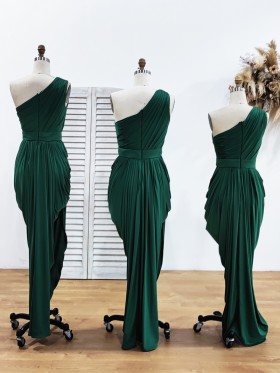 draped sheath silhouette floor length long bridal party gowns