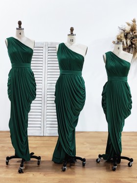 one shoulder emerald jersey draped sheath long bridesmaid dresses