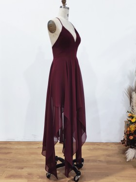 V neckline with spaghetti straps burgundy chiffon flowy party dress V neckline with spaghetti straps burgundy chiffon flowy party dress