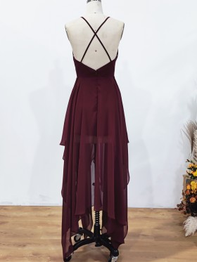 low back with spaghetti straps burgundy chiffon party dress