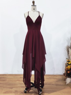 ruffled soft flirty burgundy chiffon long party dress