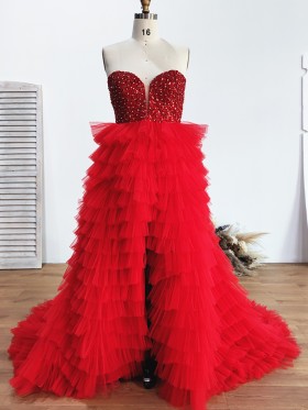 strapless sweetheart beaded bodice with ruffled tulle skirt red split long prom dress