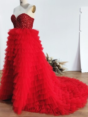 tiered and ruffled red tulle split long prom dress
