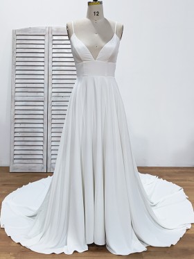 satin chiffon V neck spaghetti straps wedding gown