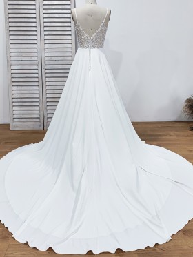 white satin chiffon long train A line simple wedding gown white satin chiffon long train A line simple wedding gown