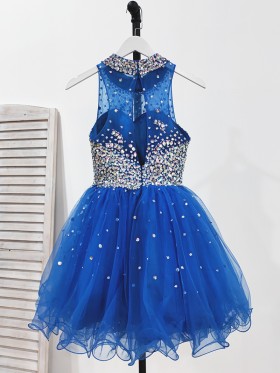 illusion keyhole back beaded royal blue short dancing dress
