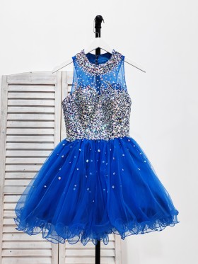 sparkly crystals beaded royal blue cocktail gown