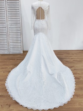 open back long sleeve lace wedding dress with chapel train