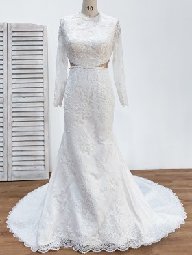 pearled long sleevee white lace cut out mermaid wedding dress