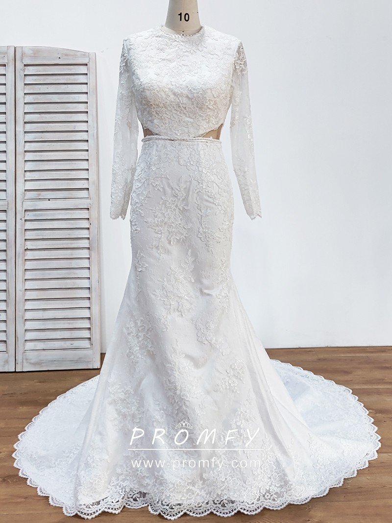 Promfy Cut-out Lace Mermaid Wedding Dress with Long Weil