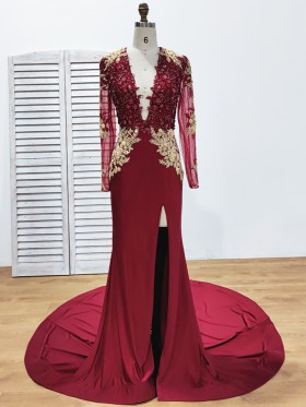 gold lace appliqued dark red spandex high slit prom dress