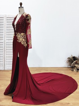 gold lace appliqued long sleeve dark red long prom dress