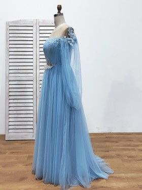 floor length A line blue tulle beaded dress