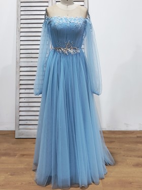 pearled beaded blue tulle sheer long sleeve formal dress