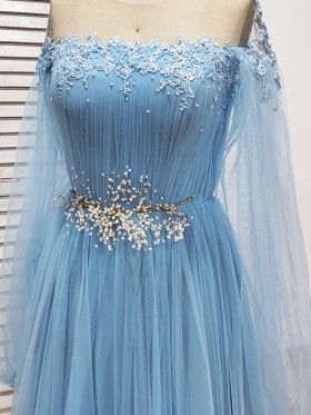 pearled lace illusion off the shoulder long sleeve tulle dress