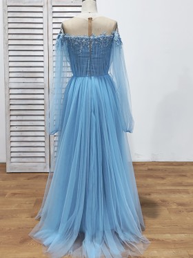 sheer long sleeve A line floor length blue formal dress sheer long sleeve A line floor length blue formal dress