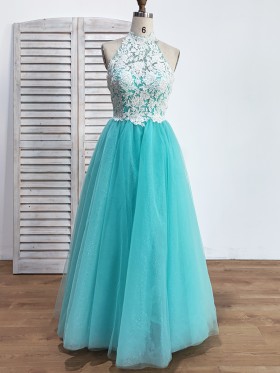 glitter cyan tulle with white lace top prom dress