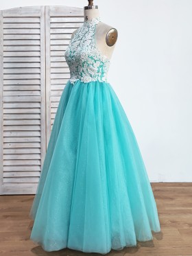 white lace and glitter cyan tulle A line prom gown