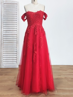 off the shoulder red lace and tulle pretty prom dress