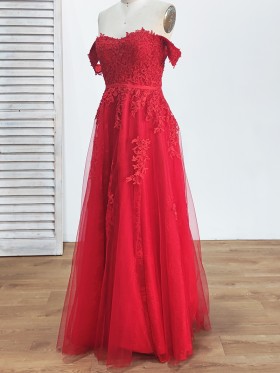 red lace and tulle A line long prom dress red lace and tulle A line long prom dress