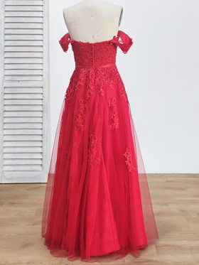 red lace and tulle overlay A line long dress