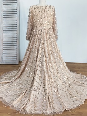 all over big sequin champagne plus size prom dress with long train
