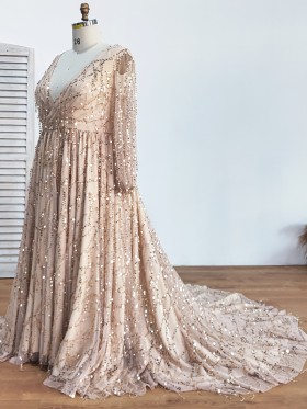 deep V neckline long sleeve sequinned champagne prom gown