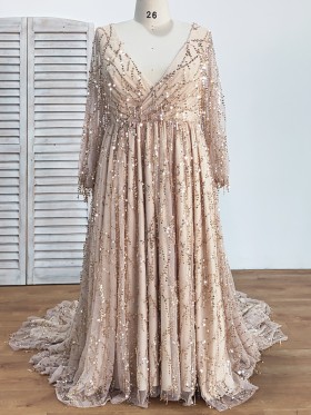 sparkly big sequinned long sleeve plus size prom dress