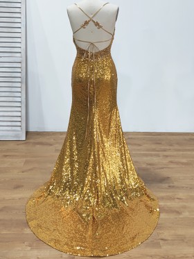 low back with spaghetti straps gold sequin prom dress low back with spaghetti straps gold sequin prom dress
