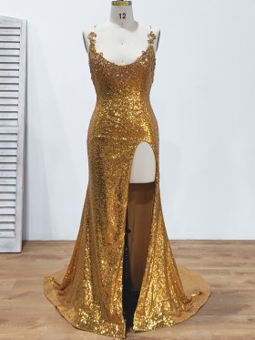 scoop neckline bright gold sequin slit prom dress