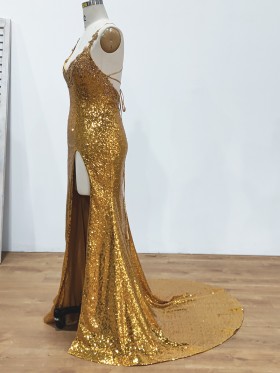 side slit gold sequin with spaghetti straps prom dress side slit gold sequin with spaghetti straps prom dress