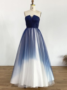ombre navy blue tulle overlaid puffy long prom gown