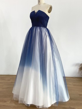 strapless V neck navy blue ombre tulle ball gown