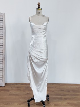 asymmetrical draped shiny satin long dress