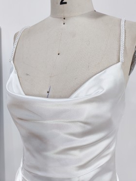 shiny satin dress with beaded spaghetti straps