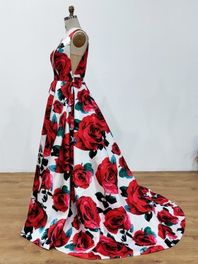 oversized red rose print long prom gown