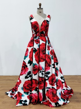 red rose flower with green leaf printed prom gown