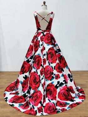 red rose printed low back long prom gown red rose printed low back long prom gown