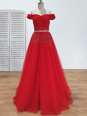 beaded red tulle off the shoulder A line prom dress