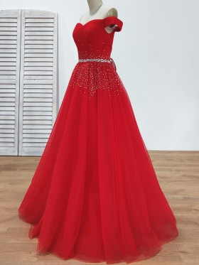 off the shoulder red tulle beaded prom gown off the shoulder red tulle beaded prom gown