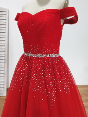 pleated off the shoulder tulle beaded dress