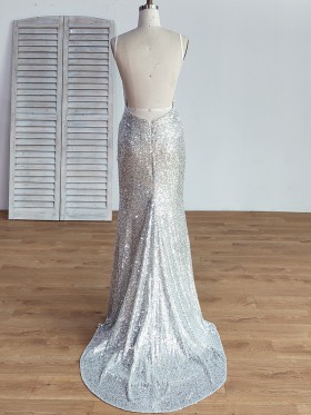 low back silver line sequin prom dress with short train low back silver line sequin prom dress with short train