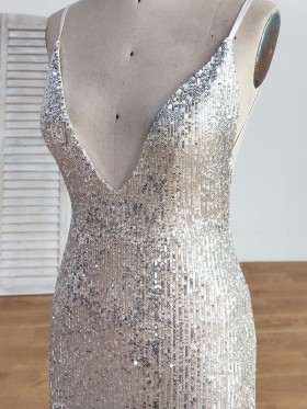 plunging V neckline silver sequin dress