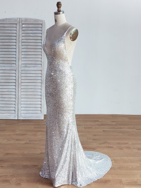 plunging neckline with spaghetti straps mermaid long silver sequin dress
