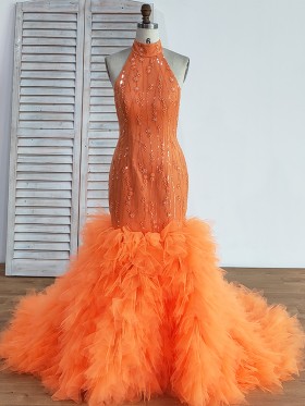 beaded orange ruffled tulle trumpet prom gown
